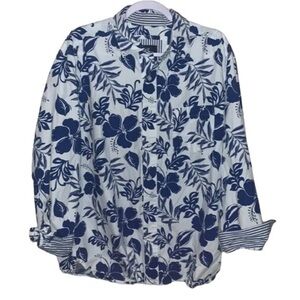Caribbean Joe Mens Long Sleeve Button Down White Blue Hibiscus XL